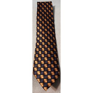 Gasparo Mens Silk Tie Navy Blue Orange Geometric Checkerboard Handmade Necktie